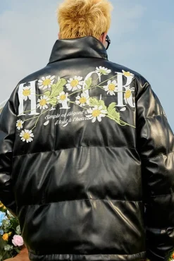 Daisy Embroidery PU Padded Jacket