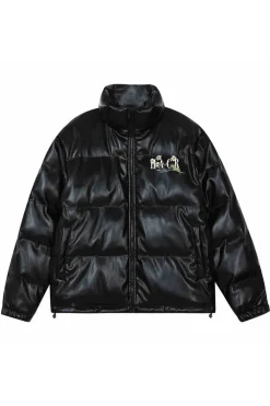 Daisy Embroidery PU Padded Jacket