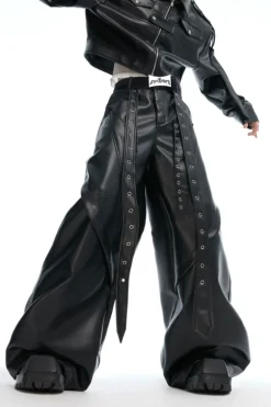 Deconstructed Studded Wide-Leg Leather Pants