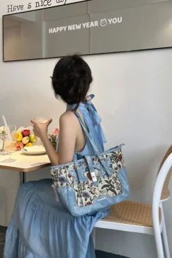 Denim Floral Commuter Tote Bag