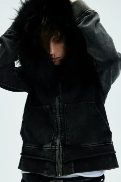 Detachable Fur Collar Washed Zip Hoodie