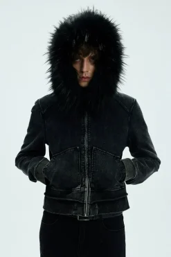 Detachable Fur Collar Washed Zip Hoodie