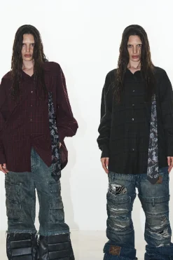 Detachable Graffiti Tie Plaid Shirt