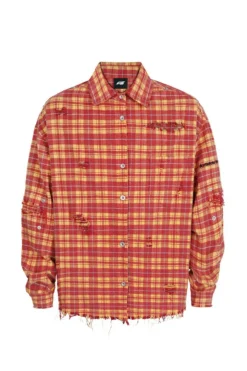 Distressed Studded Plaid Shirt Jacket