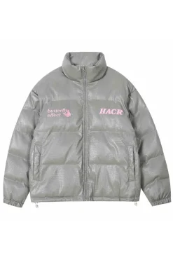 Embossed Fur Patch Crocodile PU Leather Down Jacket