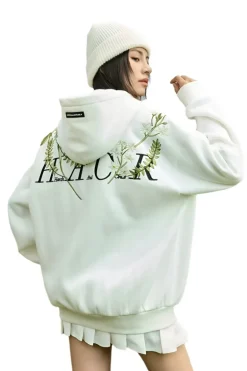 Floral Embroidered Hooded Fleece Jacket
