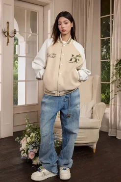 Floral Embroidery Varsity Jacket