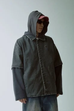 Layered Hooded Washed Shirt Jacket