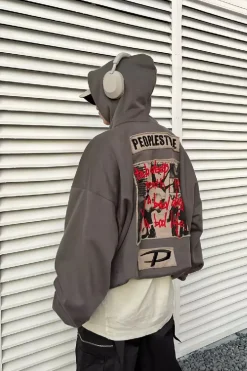 Letter Print Hooded Puffer Sweatshirt