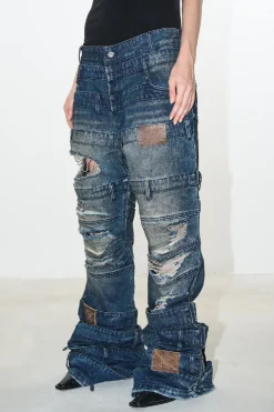 Multi-Waistband Distressed Flared Mud-Dye Jeans
