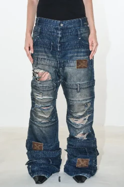 Multi-Waistband Distressed Flared Mud-Dye Jeans