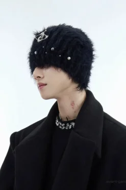 Pearl-Embellished Fuzzy Knit Beanie