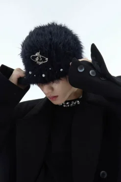 Pearl-Embellished Fuzzy Knit Beanie