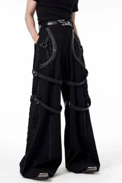 PU Strap Flared Wide-Leg Pants