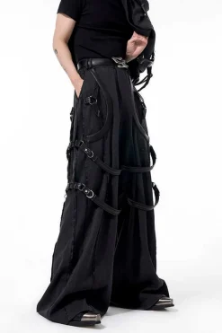 PU Strap Flared Wide-Leg Pants