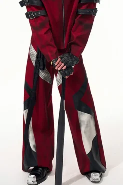 Red Distressed Patchwork Strap Denim