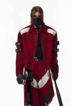 Red Distressed Patchwork Strap Denim Jacket