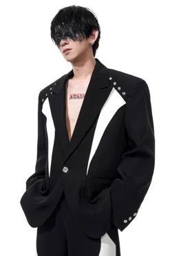 Structured Padded Shoulder Patchwork Blazer