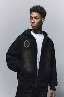 Vintage Distressed Embroidered Zip Hoodie