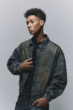 Vintage Washed Padded Denim Biker Jacket