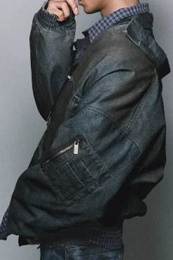 Vintage Washed Padded Denim Biker Jacket