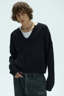V-Neck Waffle Knit Cropped Sweater