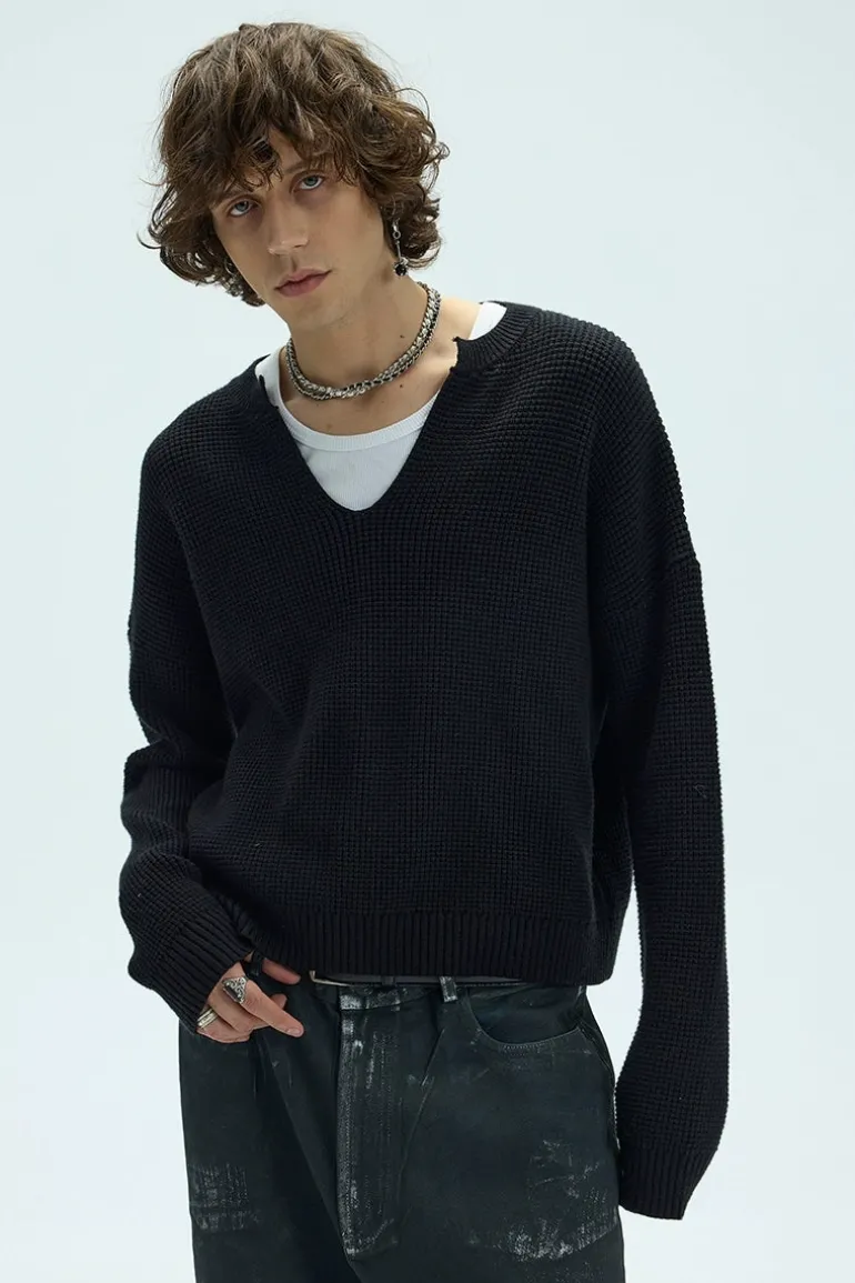 V-Neck Waffle Knit Cropped Sweater