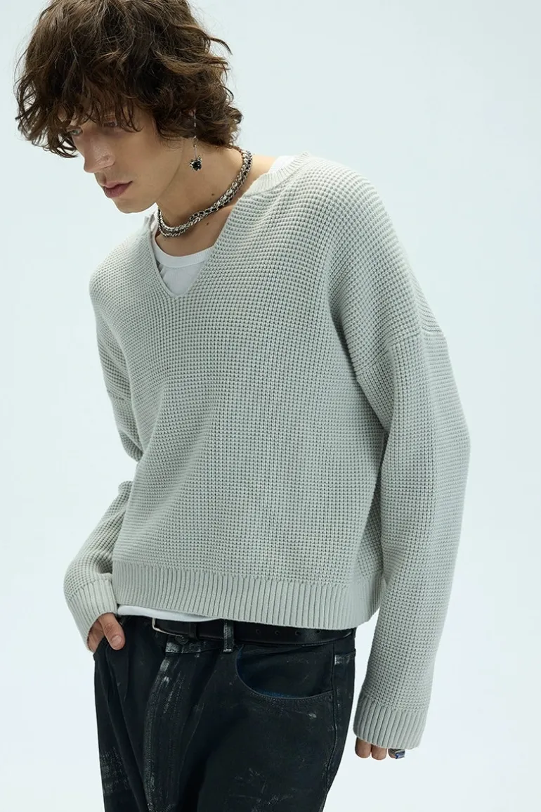 V-Neck Waffle Knit Cropped Sweater