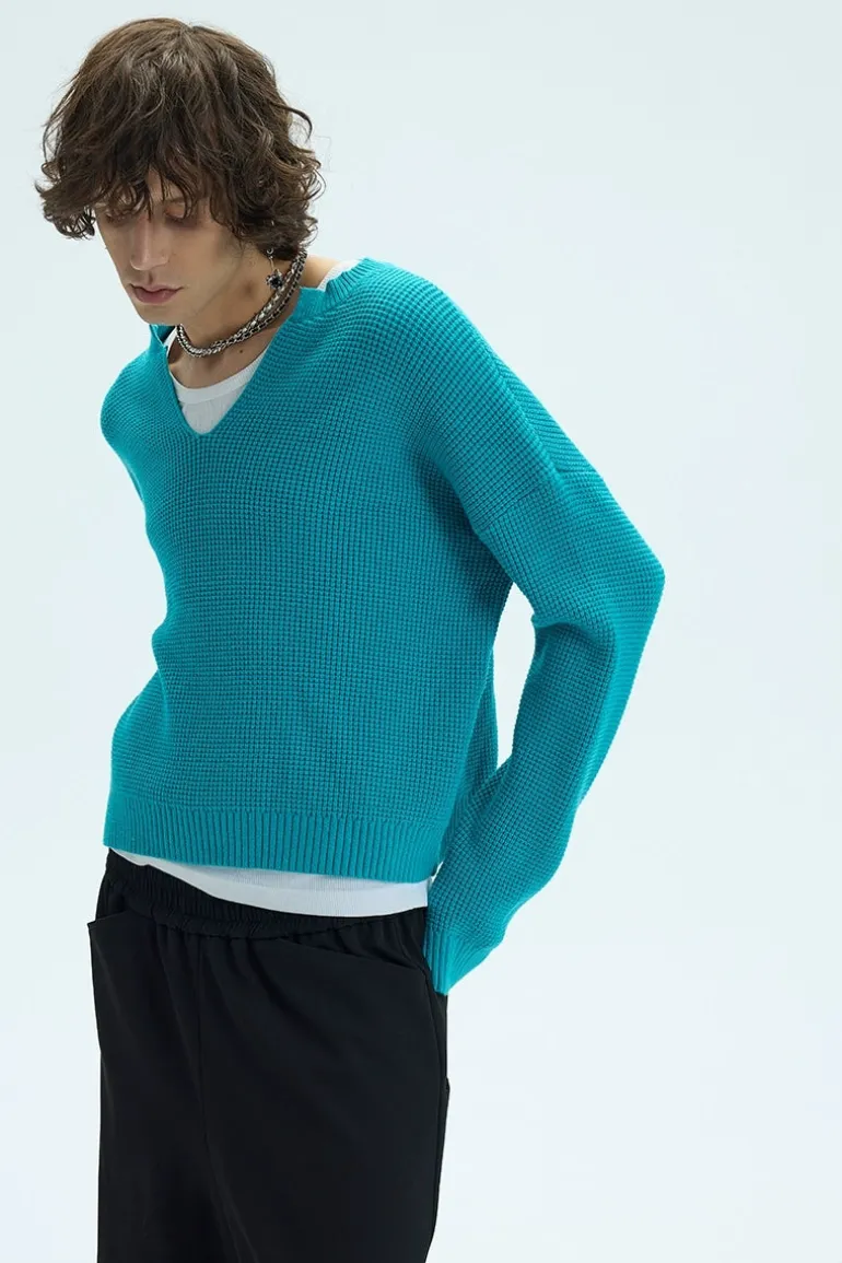 V-Neck Waffle Knit Cropped Sweater
