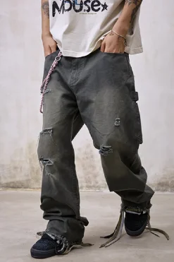 Washed Distressed Fringe Jeans