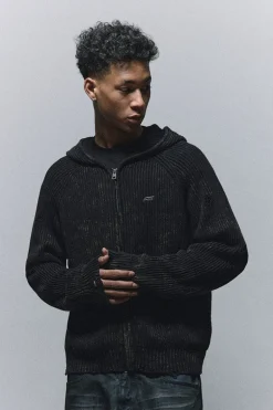 Washed Distressed Ribbed Knit Hoodie