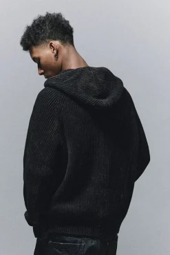 Washed Distressed Ribbed Knit Hoodie
