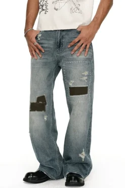 Washed Whisker Patchwork Straight Jeans