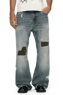 Washed Whisker Patchwork Straight Jeans