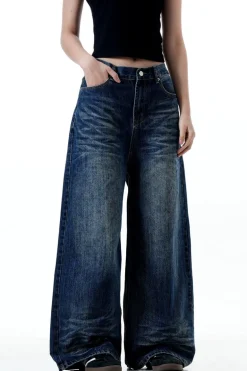 Whiskered Washed Wide-Leg Jeans