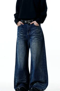 Whiskered Washed Wide-Leg Jeans
