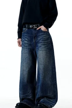Whiskered Washed Wide-Leg Jeans