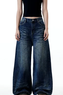 Whiskered Washed Wide-Leg Jeans