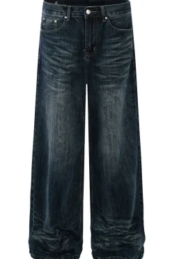 Whiskered Washed Wide-Leg Jeans