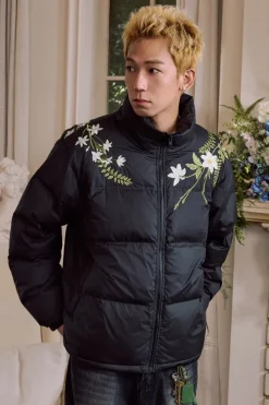 White Floral Wreath Embroidered Puffer