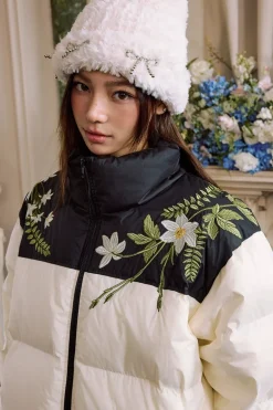 White Floral Wreath Embroidered Puffer