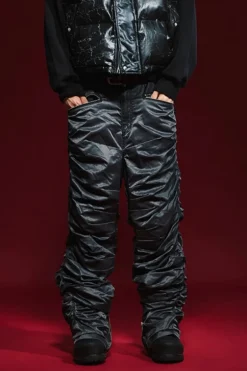 Wrinkled Straight-Leg Zipper Pants