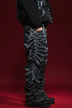 Wrinkled Straight-Leg Zipper Pants